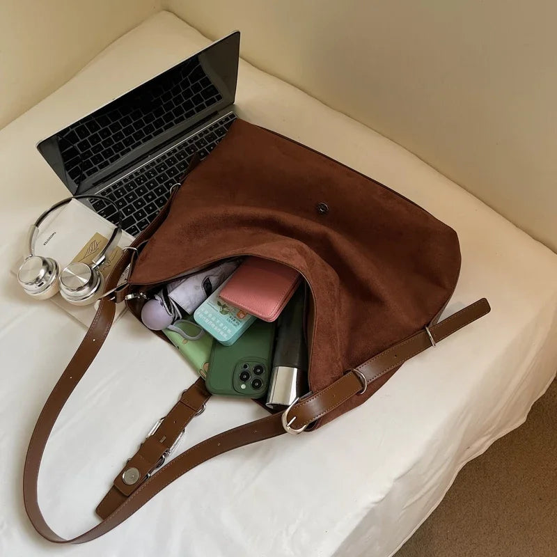 Women Autumn Winter Suede Shoulder Bag Lady Adjustable Strap Crossbody Bag
