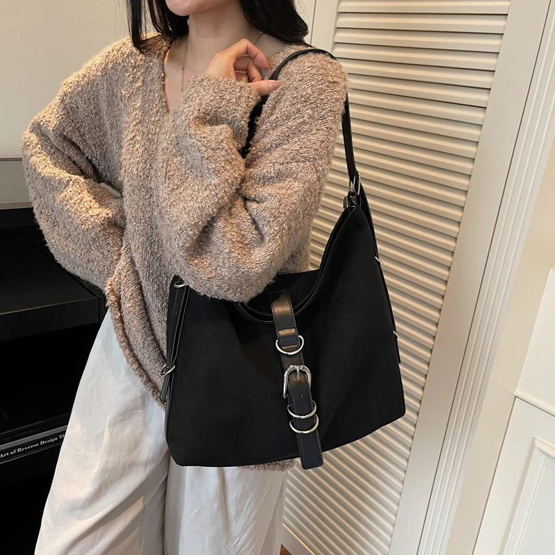 Women Autumn Winter Suede Shoulder Bag Lady Adjustable Strap Crossbody Bag