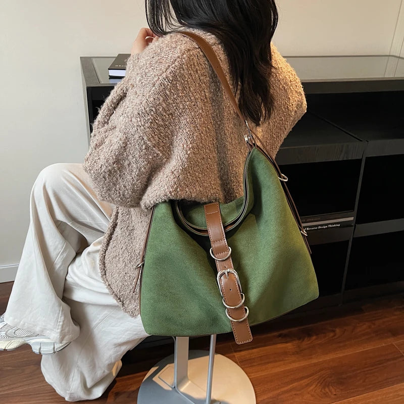 Women Autumn Winter Suede Shoulder Bag Lady Adjustable Strap Crossbody Bag