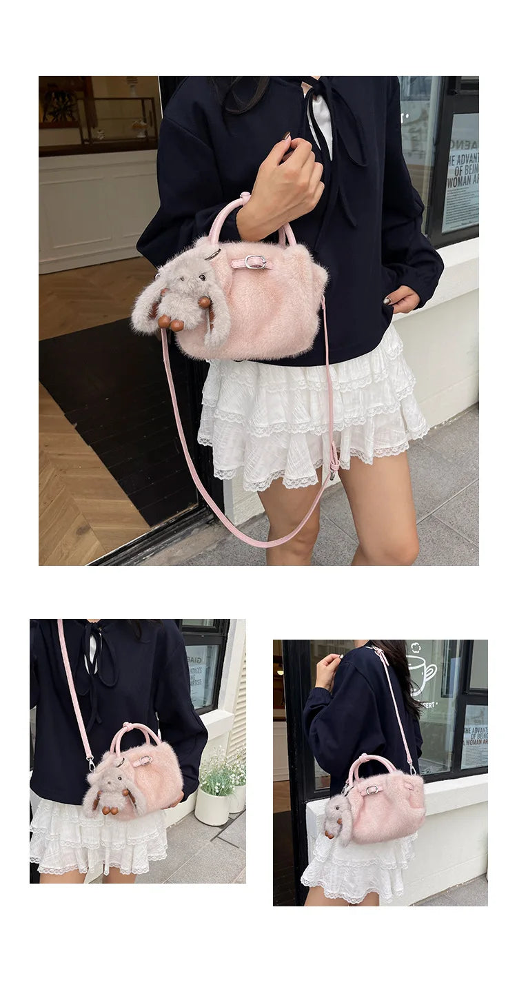 Women Shoulder Crossbody Bag Faux Fur Mini Bucket Bag Luxury Plush Commuter