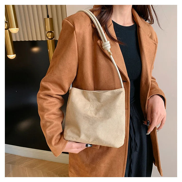 Fashion Solid Color Bucket Bag Retro Suede Tote Bag Women's Luxury